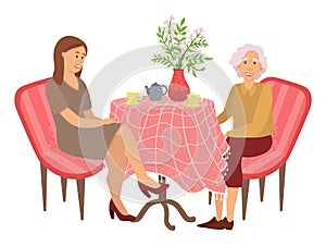 Tasty bun-fight at home vector illustration. Elderly women drinking tea and communicating