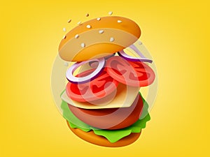 Tasty burger 3d concept. Render fast food sandwich. Bun with seeds, tomato slices, onion rings, cheese and meat cutlet