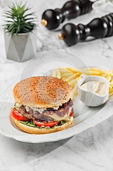 Tasty burger with french fries and sauce at the white plate on light marble background. Healthy sea food, hard light, restaurant
