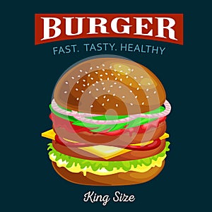 Tasty burger grilled beef and fresh vegetables dressed with sauce in bun for snack or lunch, hamburger is classical