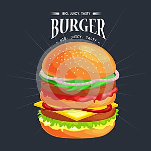 Tasty burger grilled beef and fresh vegetables dressed with sauce in bun for snack or lunch, hamburger is classical