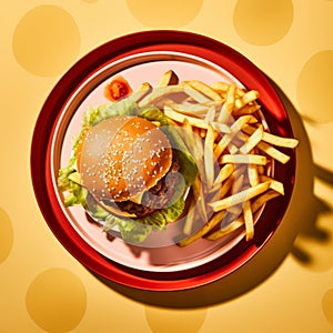 Tasty burger, sauces and french fries on yellow background photo