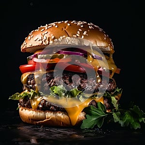 Tasty burger with two beef cutlets, veggies and melted cheese. Delicious caloric fast food at black backdrop. Generative AI
