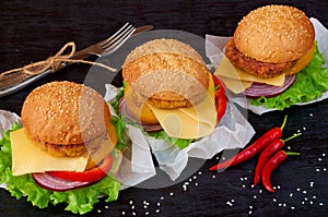 Tasty burgers with falafel, salad, onion rings, cheese, tomatoes, chili pepper and sesame on the black background