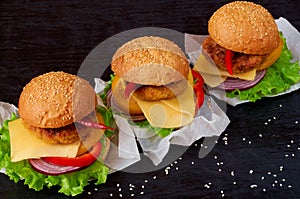 Tasty burgers with falafel, salad, onion rings, cheese, tomatoes and sesame on black background. Classic american veggie fast food