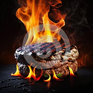 tasty burgers or steak cooking on a grill with flames. Generative ai