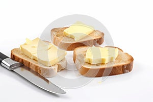 Tasty butter toasts with spreading knife. Generate ai