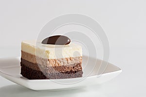 Tasty cake with chocolate mousse on white background