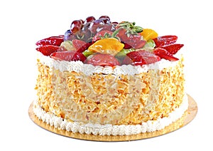 Tasty cake with fruits, isolated on white background photo