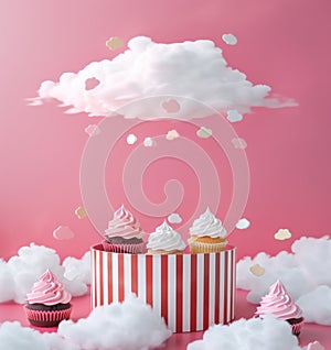 Tasty cakes with cream in box and clouds on pink backgrounds. Sweets in gift box.