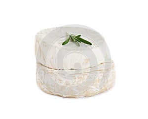 Tasty camembert and brie cheeses with rosemary on white