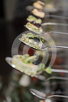 Tasty canapes plates in line hanging with caviar