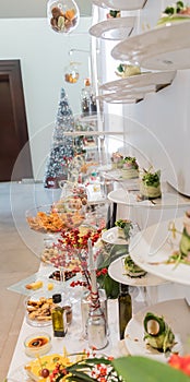 Tasty canapes plates in line hanging with caviar