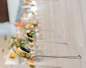 Tasty canapes plates in line hanging with caviar