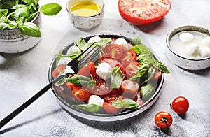 Tasty caprese salad with ripe red tomatoes and mozzarella cheese with fresh green basil leaves. Italian food. Top view