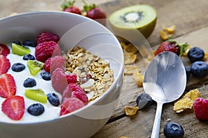 Tasty cereals with fresh fruits and yogurt