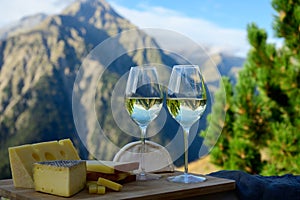 Tasty cheese and wine from Savoy region in France, beaufort, abondance, emmental, tomme and reblochon de savoie cheeses and glass