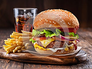 Tasty cheeseburger, glass of cola and french fries on wooden tray close-up