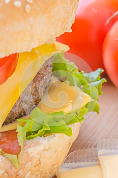 Tasty cheeseburger with lettuce, beef, double cheese and ketchup.