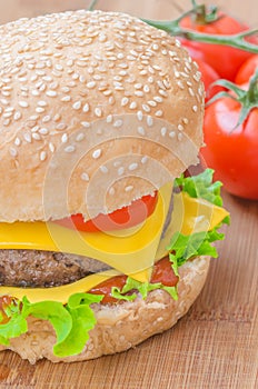 Tasty cheeseburger with lettuce, beef, double cheese and ketchup.