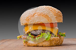 Tasty cheeseburger with lettuce, beef, double cheese and ketchup.