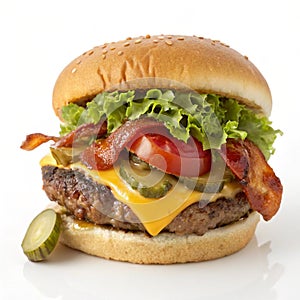 Tasty cheeseburger loaded with toppings isolated photo