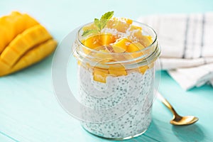 Tasty chia pudding with mango in jar