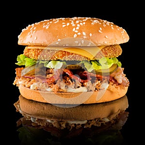 Tasty Chicken Burger on a Black Background with Reflection