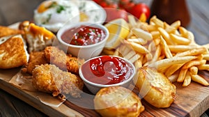 Tasty chicken nuggets with french fries and sauce on wooden board