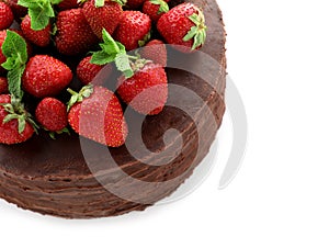 Tasty chocolate cake with strawberries on white background