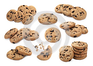 Tasty chocolate chip cookies on white background, collage design