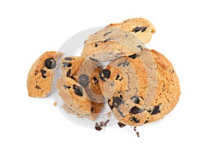 Tasty chocolate chip cookies on white background, top view