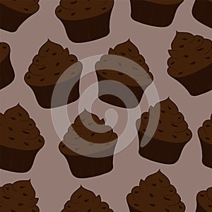 Tasty chocolate cupcake icon. Sweet dessert. Seamless pattern. Vector illustration