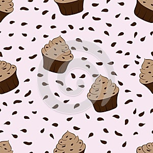 Tasty chocolate cupcakes isolated on pink background. Sweet dessert seamless pattern. Vector illustration