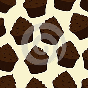 Tasty chocolate cupcakes isolated on yellow background. Sweet dessert seamless pattern. Vector illustration