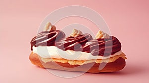 Tasty chocolate and nut topped Ã©clair filled with cream on a soft pink background