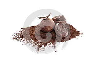 Tasty chocolate truffles with cacao powder on white background