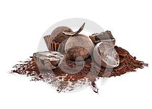 Tasty chocolate truffles with cacao powder on white background