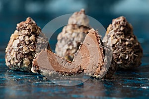 Tasty chocolates wafer crumbs sliced into slices, half and general closeup side view and top