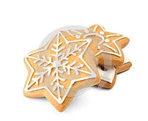 Tasty Christmas cookies on white background