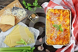 Tasty classic italian lasagna in dish