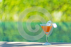 Tasty cocktail background swimming pool, relax and happy sunny day.