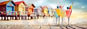 Tasty cocktails on beach boardwalk against colorful beach huts. Summer vacation concept. Created with generative Ai