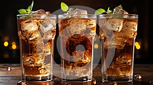 Tasty Cola in a glass with ice cubes in a bar or cafe, menu concept