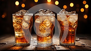 Tasty Cola in a glass with ice cubes in a bar or cafe, menu concept