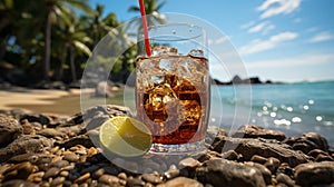 Tasty Cola in a glass with ice cubes on the beach near the sea or ocean, menu concept