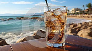 Tasty Cola in a glass with ice cubes on the beach near the sea or ocean, menu concept