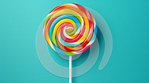 Tasty coloreful lollipop on turquoise background, top view