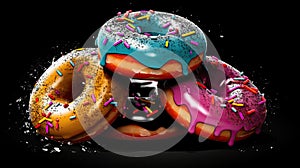 Tasty colorful donuts with sprinkles on dark background