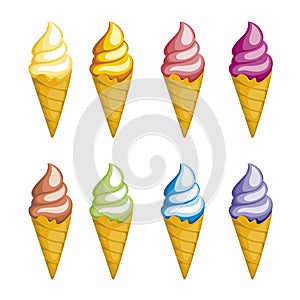 Tasty colorful ice cream set. Collection ice-cream cones with different topping isolated on white background.